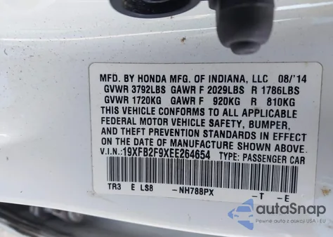 2014 Honda Civic Ex-L z USA, uszkodzony, nr VIN 19XFB2F9XEE264654